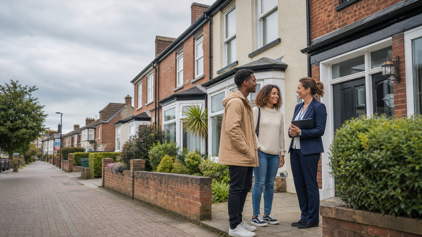 Housing support worker speaking with residents outside well maintained homes